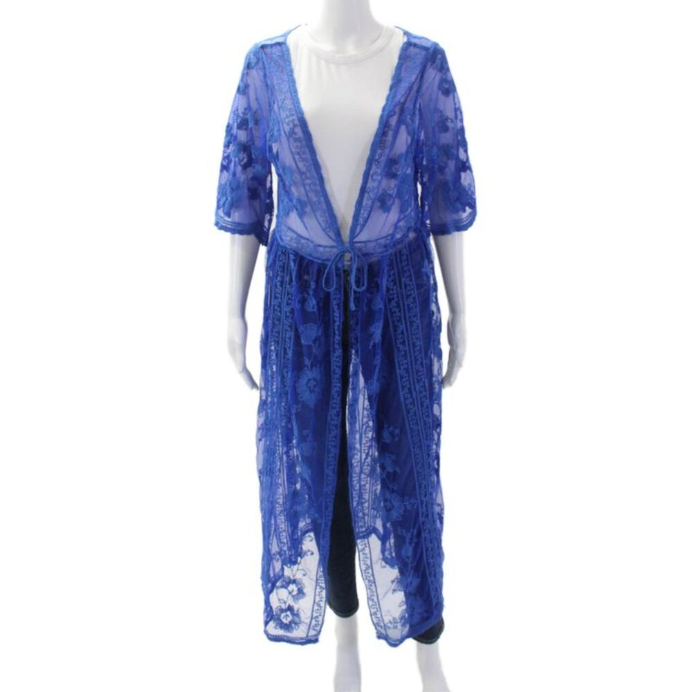Designer Womens Tie Front Floral Embroidered Long Robe Blue Size OS
